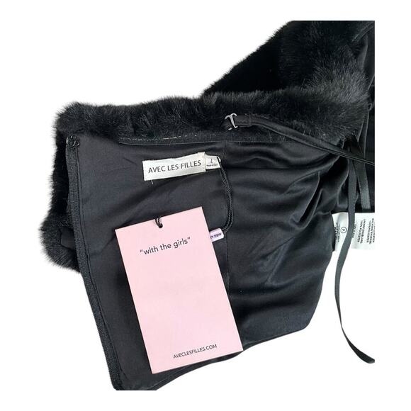 AVEC LES FILLES Crop Top NWT Black on Black Zip Sequin Bottom Faux Fur Top Large - Picture 12 of 13